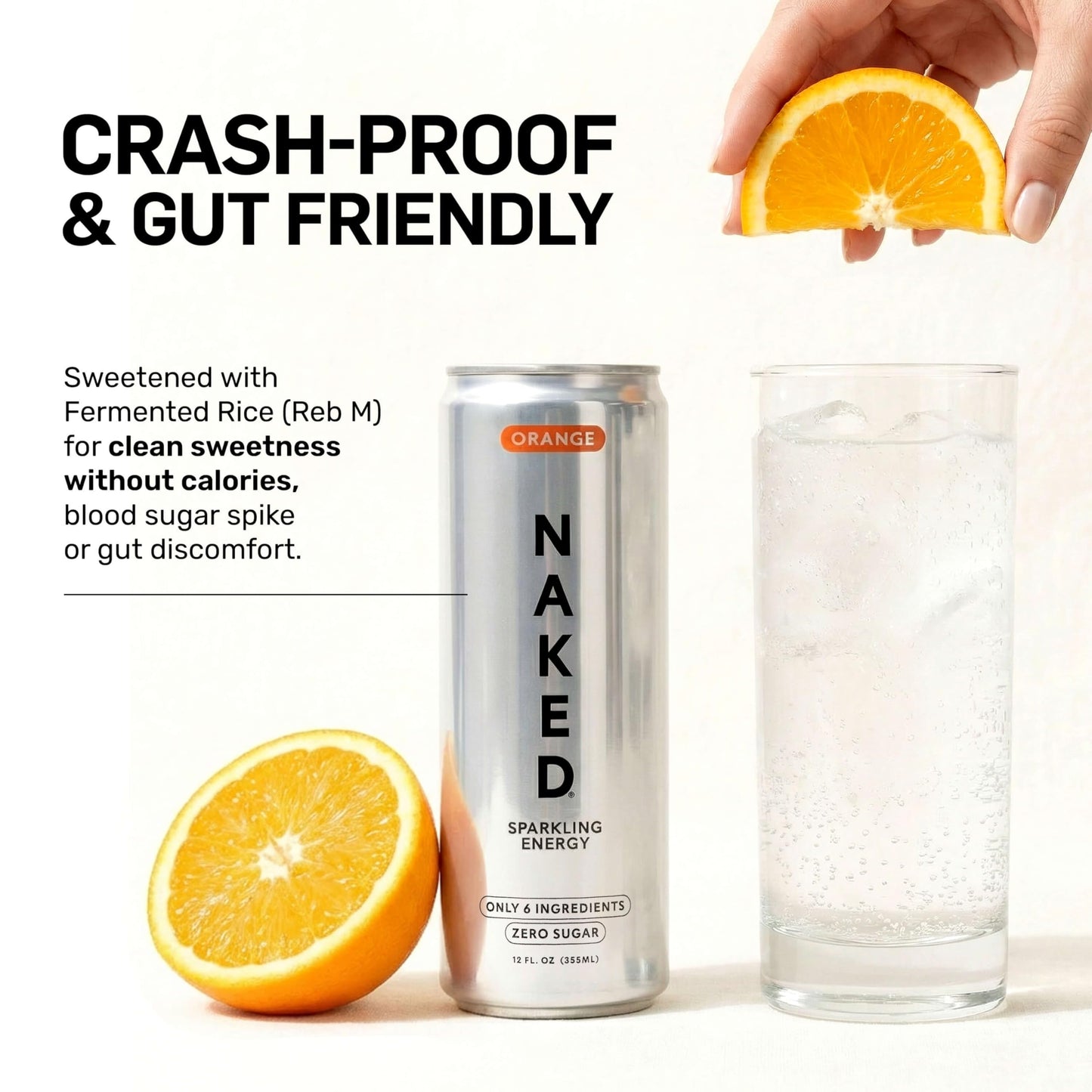 Naked Sparkling Energy Drink - Orange, Organic Caffeine, Organic Lemon Juice, Zero Sugar, No Sucralose, Naturally Sweetened, Clean Energy Drinks