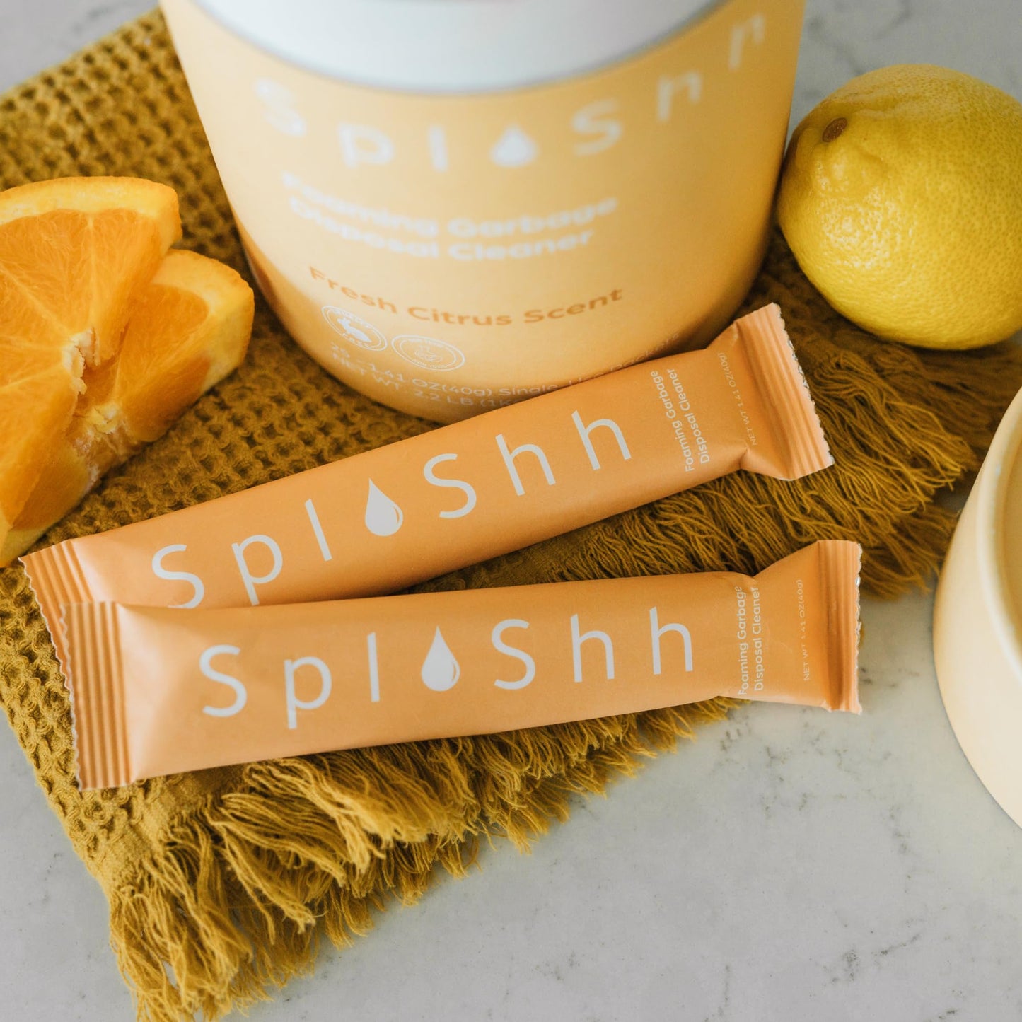 SplaShh Foaming Garbage Disposal Cleaner and Deodorizer, 25 Instant Foaming Powder Packets, 12-Month Supply, Mild Citrus Scent, Kitchen Sink Disposer