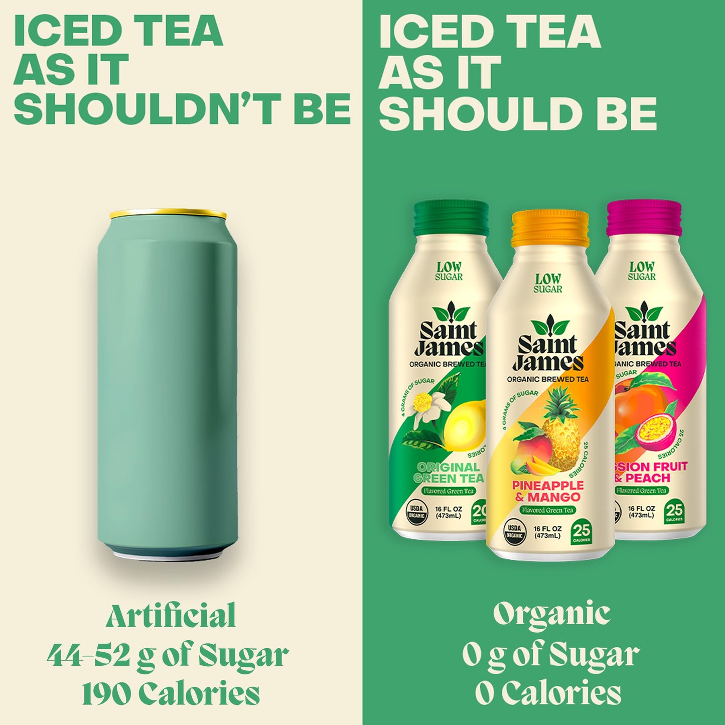 Saint James Iced Tea - Organic Green Tea - Non GMO, Gluten Free, Low Calorie & Low Sugar - Variety Green Tea Flavors, 12 Pack (16.9 fl oz each)
