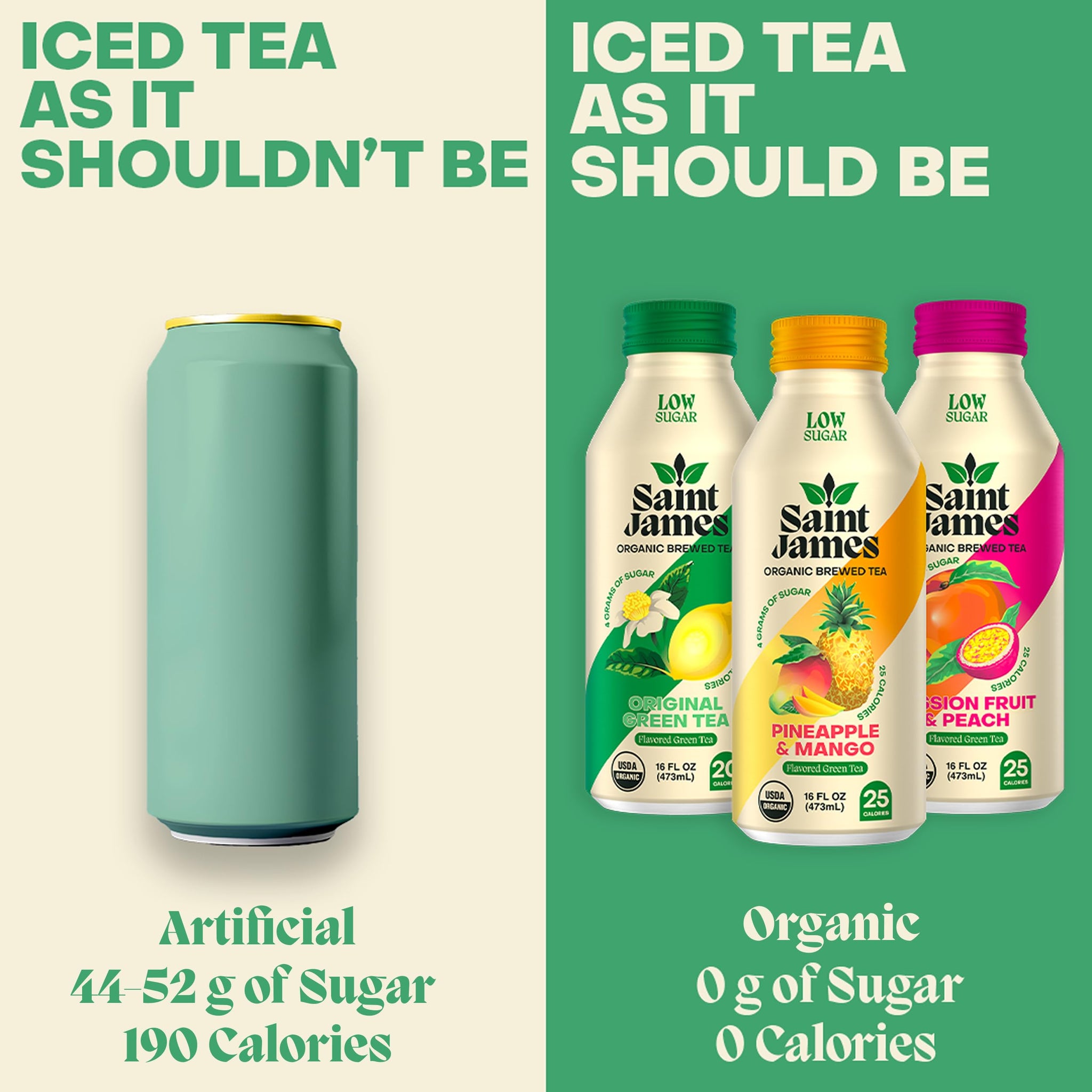 Saint James Iced Tea - Organic Green Tea - Non GMO, Gluten Free, Low Calorie & Low Sugar - Variety Green Tea Flavors, 12 Pack (16.9 fl oz each)