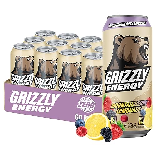 GRIZZLY Energy Drink Mountainberry Lemonade Taurine B Vitamins & 160mg Caffeine - Energy Focus & Hydration Boost - 10 Calories, Zero Sugar - No