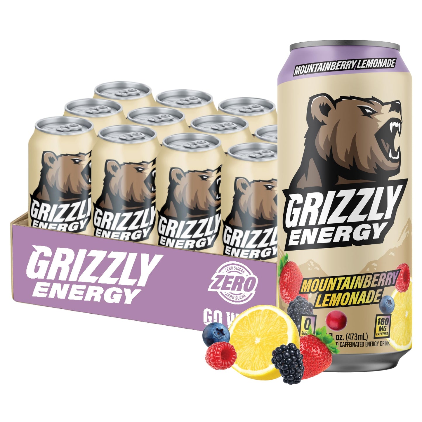 GRIZZLY Energy Drink Mountainberry Lemonade Taurine B Vitamins & 160mg Caffeine - Energy Focus & Hydration Boost - 10 Calories, Zero Sugar - No