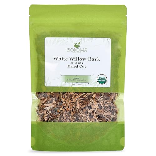 Biokoma Organic White Willow Bark Dried Cut 3.55 oz - Salix Alba Loose Herbal Tea - USDA Organic - Resealable Moisture Proof Pouch - No Additives - No