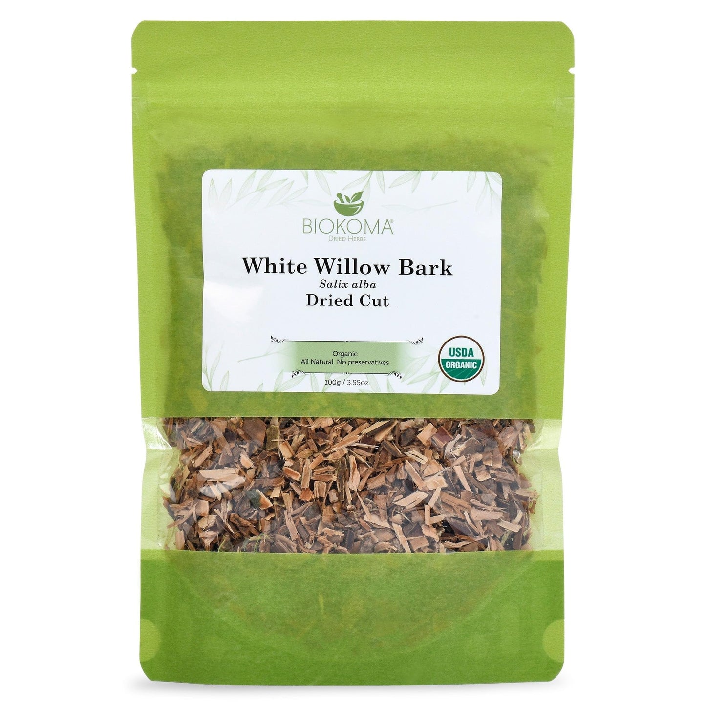 Biokoma Organic White Willow Bark Dried Cut 3.55 oz - Salix Alba Loose Herbal Tea - USDA Organic - Resealable Moisture Proof Pouch - No Additives - No