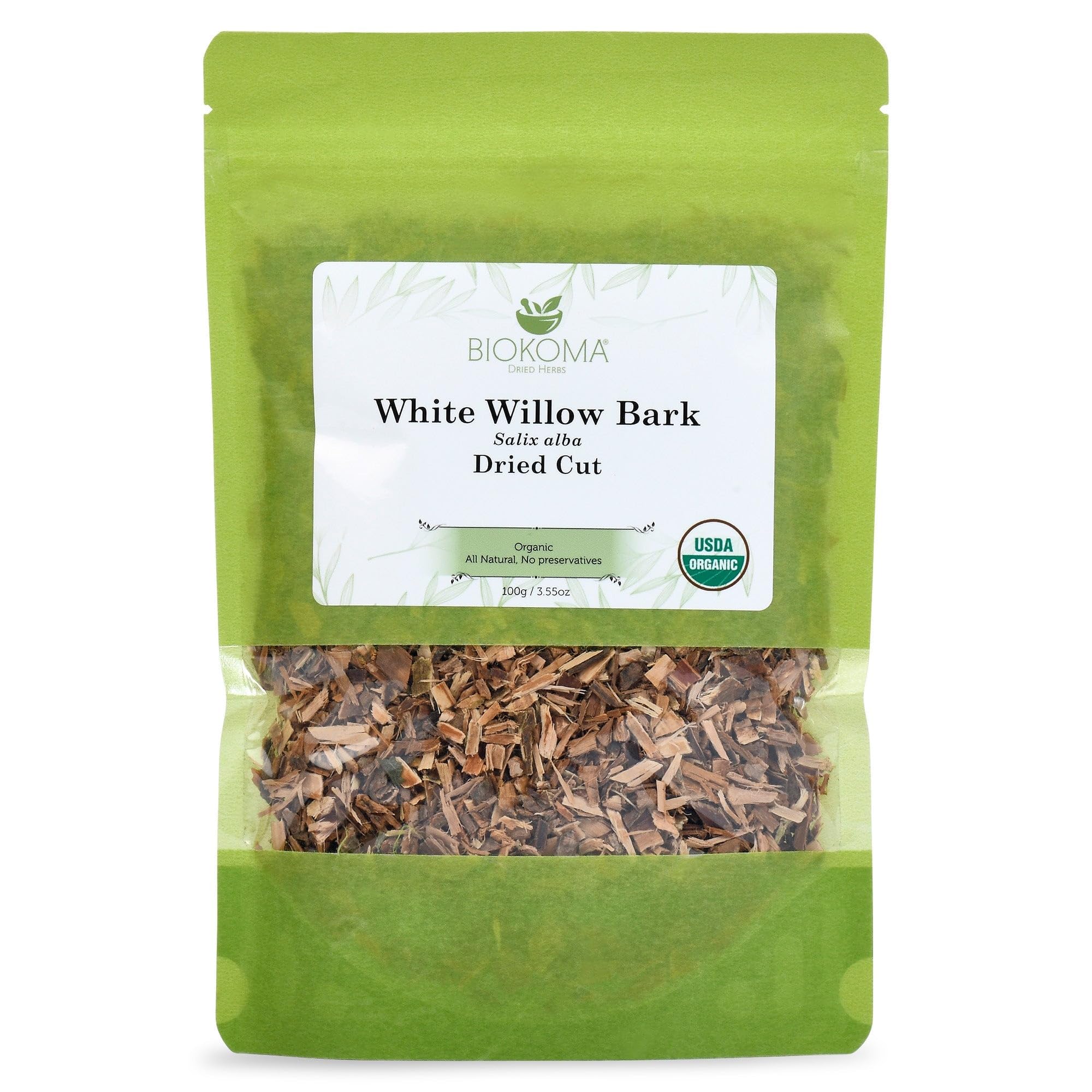 Biokoma Organic White Willow Bark Dried Cut 3.55 oz - Salix Alba Loose Herbal Tea - USDA Organic - Resealable Moisture Proof Pouch - No Additives - No
