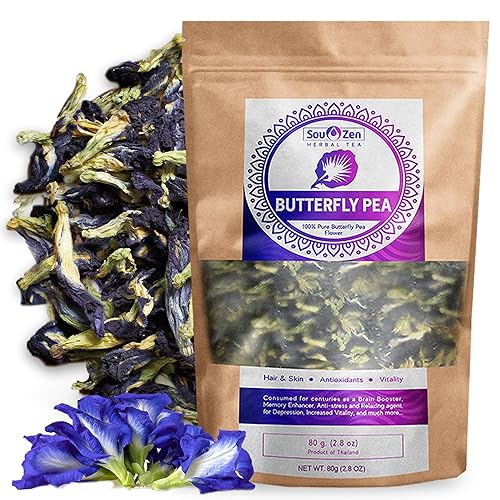 Sou Zen Butterfly Pea Flowers, 80g Dried Blue Pea Flower Tea, Caffeine-Free Loose Leaf Herbal Tea, Natural Color Changing Tea for Drinks, Lemonade