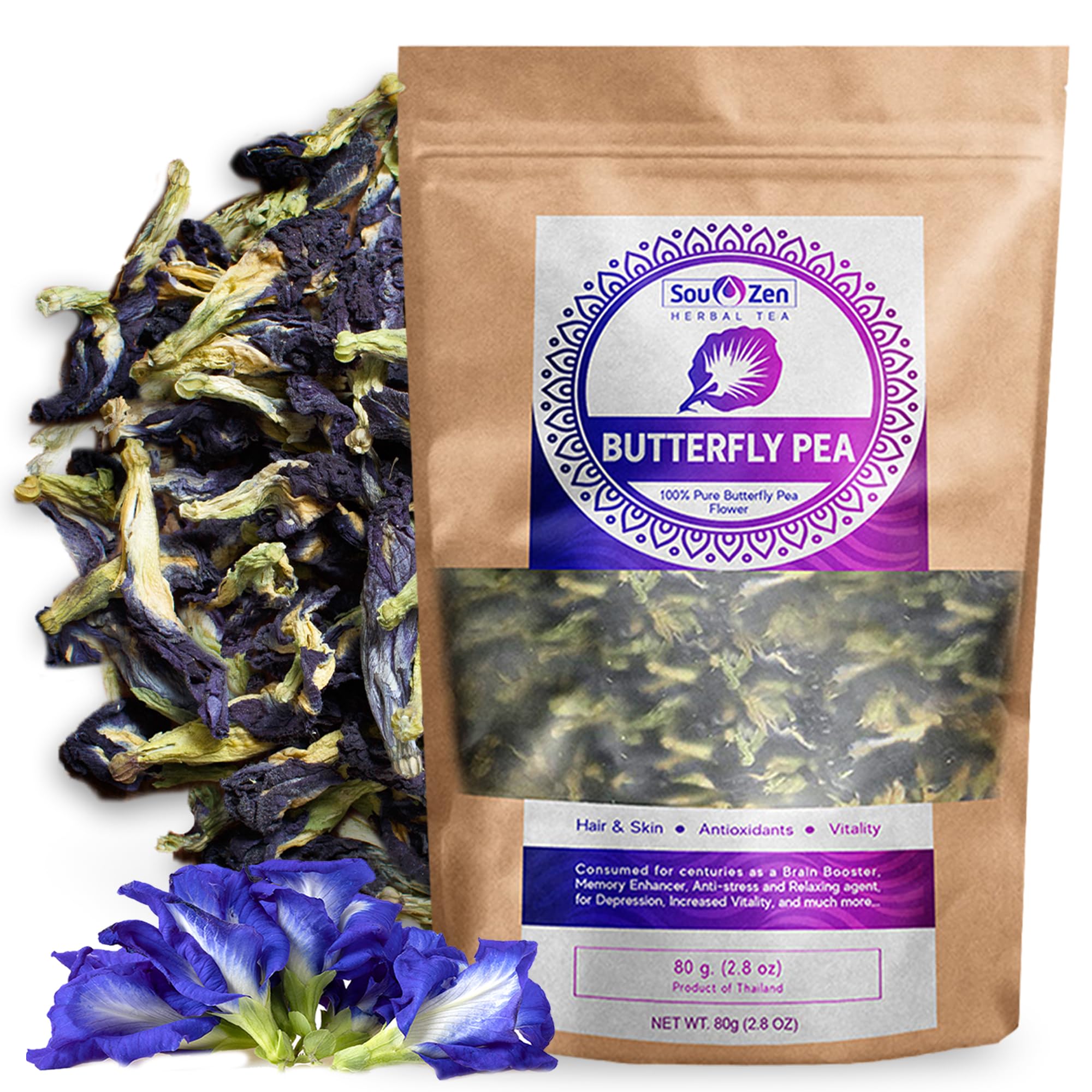Sou Zen Butterfly Pea Flowers, 80g Dried Blue Pea Flower Tea, Caffeine-Free Loose Leaf Herbal Tea, Natural Color Changing Tea for Drinks, Lemonade
