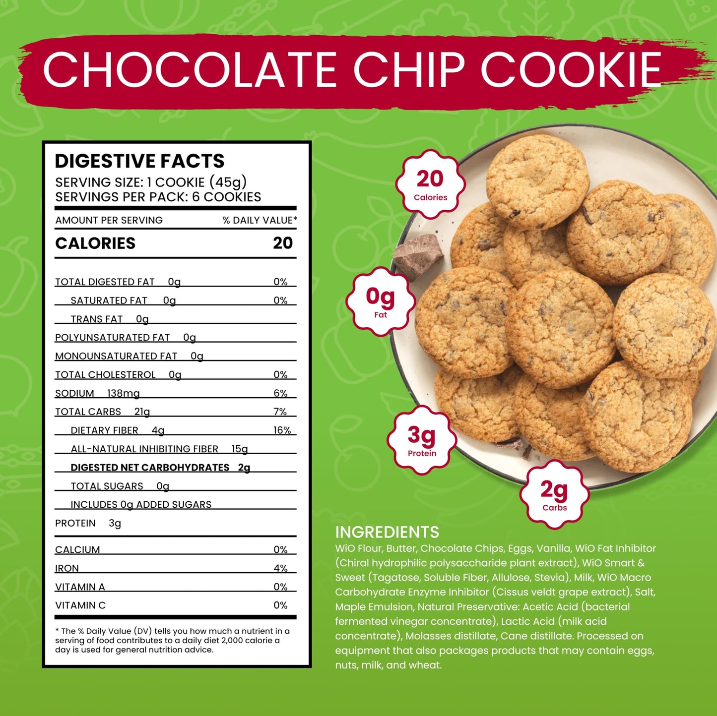 WiO SmartFoods™ Chocolate Chip Cookies, 6-Count Low-Carb, Fat-Free, Sugar-Free, Keto-Friendly Cookies, Delicious Soft Treats, Healthy Snack, Gourmet