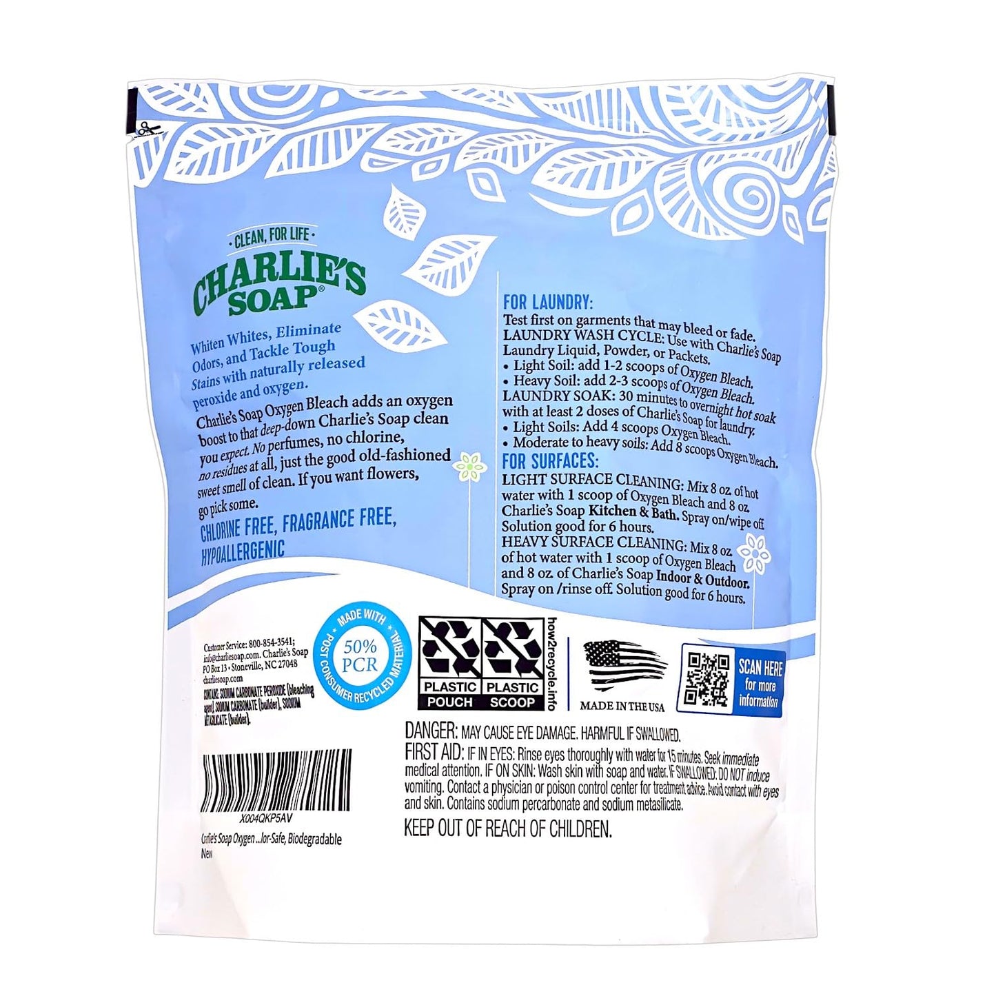 Charlie’s Soap Oxygen Bleach Powder for Laundry & Household Cleaning, Color-Safe & Chlorine-Free Stain Remover, 4 lb Bags (120 Loads Each), 2 Pack