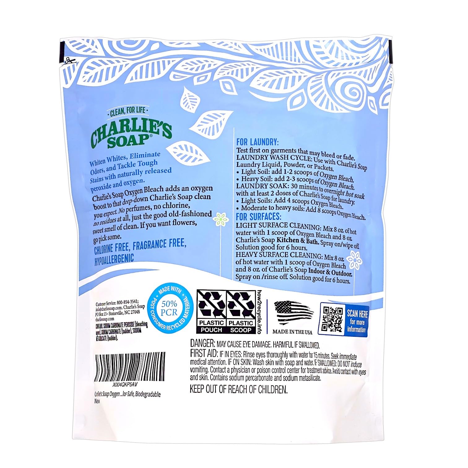 Charlie’s Soap Oxygen Bleach Powder for Laundry & Household Cleaning, Color-Safe & Chlorine-Free Stain Remover, 4 lb Bags (120 Loads Each), 2 Pack