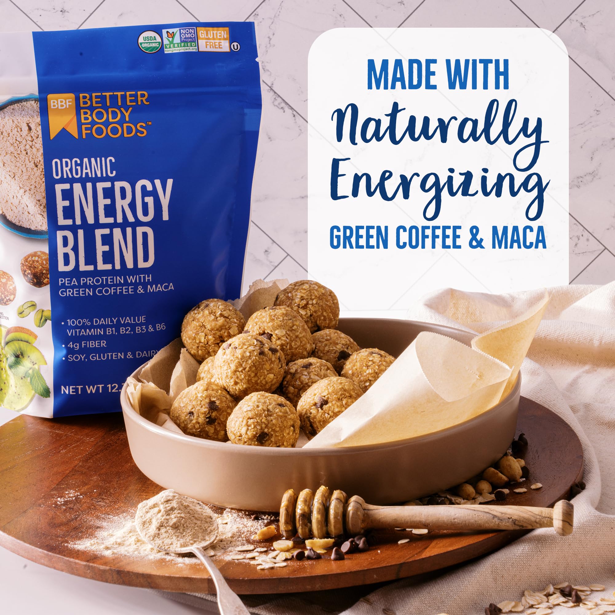 BetterBody Foods Organic Energy Blend, Plant-Based Protein Blend made with Naturally Energizing Green Coffee Extract and Maca, Gluten-free, Non-GMO
