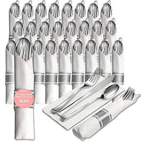 Prestee 25 Plastic Silverware Set, Pre-Rolled - 100pc Disposable Flatware with Forks, Knives, Spoons and White Napkins - Dinner Utensil Sets