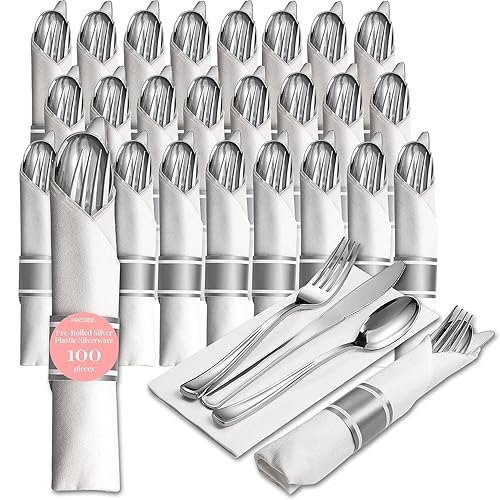 Prestee 25 Plastic Silverware Set, Pre-Rolled - 100pc Disposable Flatware with Forks, Knives, Spoons and White Napkins - Dinner Utensil Sets