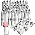Prestee 25 Plastic Silverware Set, Pre-Rolled - 100pc Disposable Flatware with Forks, Knives, Spoons and White Napkins - Dinner Utensil Sets