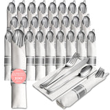 Prestee 25 Plastic Silverware Set, Pre-Rolled - 100pc Disposable Flatware with Forks, Knives, Spoons and White Napkins - Dinner Utensil Sets