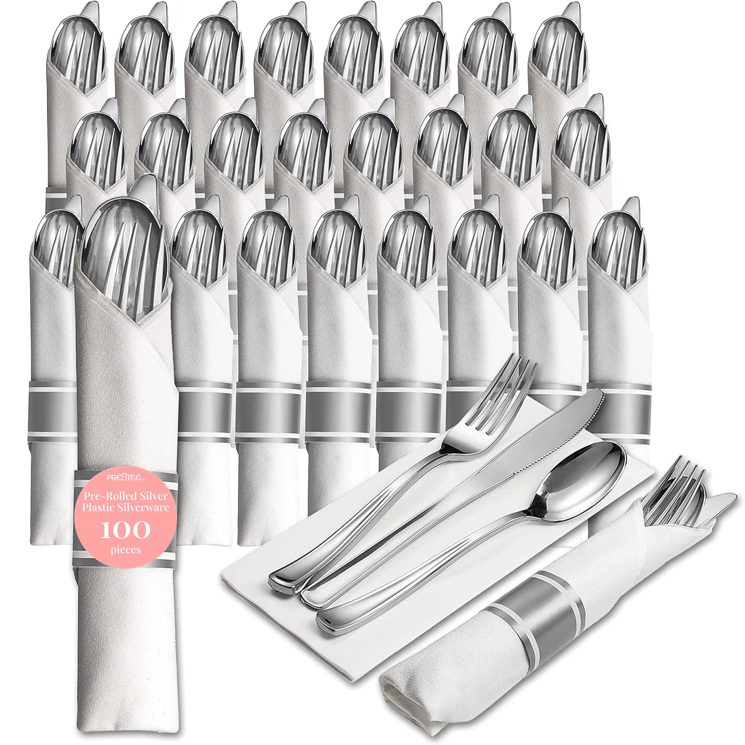 Prestee 25 Plastic Silverware Set, Pre-Rolled - 100pc Disposable Flatware with Forks, Knives, Spoons and White Napkins - Dinner Utensil Sets