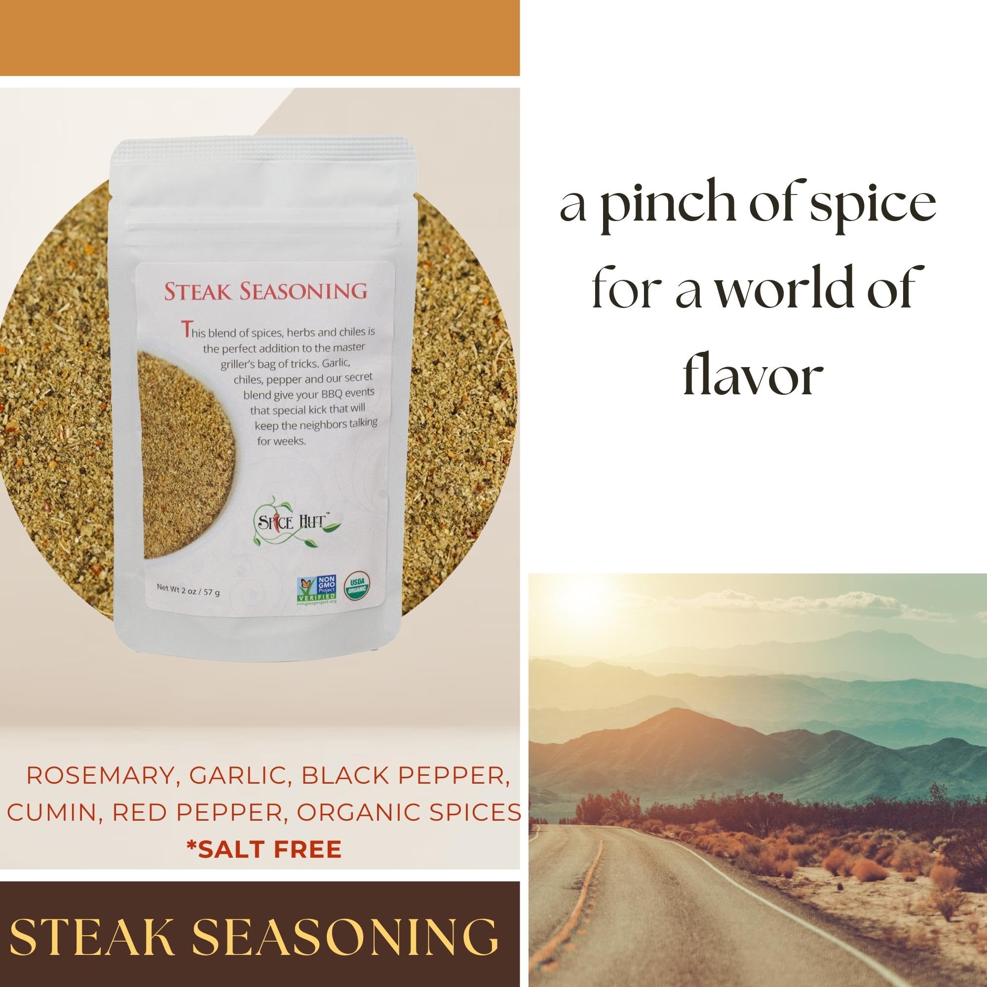 Spice Hut - Organic Steak Seasoning & Dry Rub for Prime Rib, Roast, Burger / Sugar-Free, No Salt / Roadhouse Grill Spice Mix for Chicken, Chop House