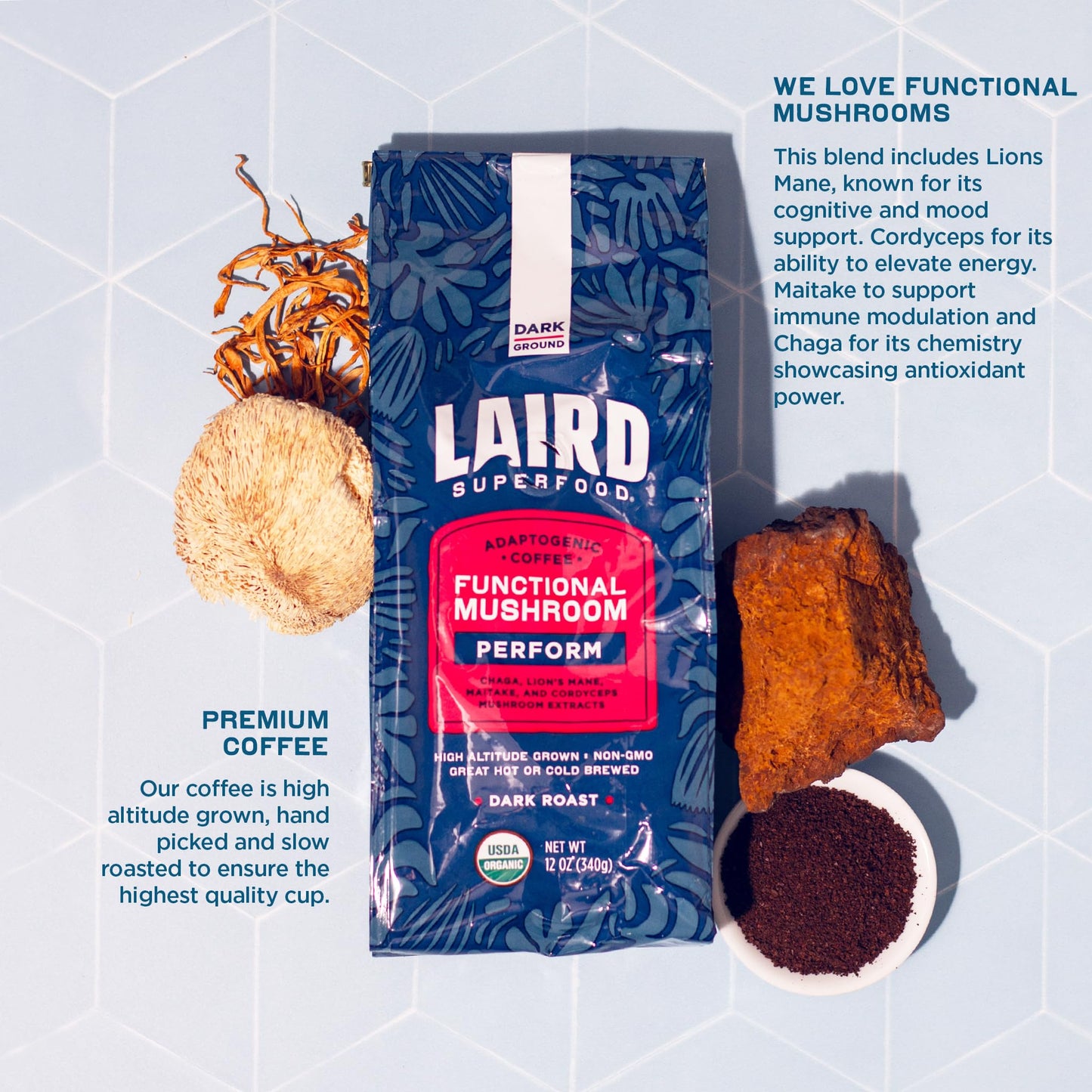 Laird Superfood Peruvian Dark Roast Coffee with Functional Mushrooms, Certified Organic Peruvian Ground Coffee Beans, Gluten-Free, Dairy-Free