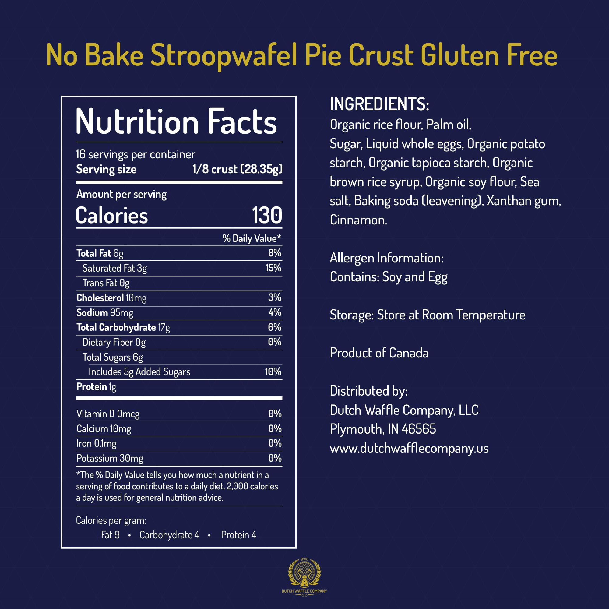 Dutch Waffle Company Gluten-Free No Bake Stroopwafel Pie Crust Mix, 1 lb Pouch, Makes Two 9-Inch Pie Crusts, Caramel Cookie Crust