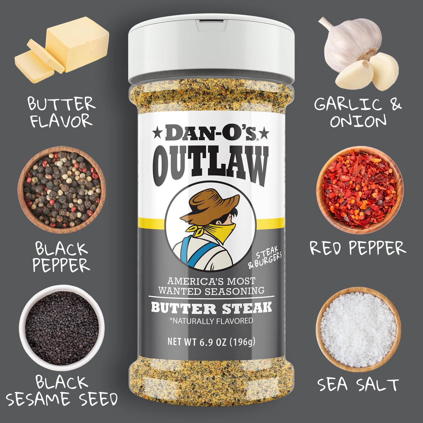 Dan-O’s Outlaw Butter Steak Seasoning - 6.9 oz - Buttery Steak & All Purpose Seasoning for Beef, Chicken & Veggies - Sugar Free, Zero Calorie, Dry Rub