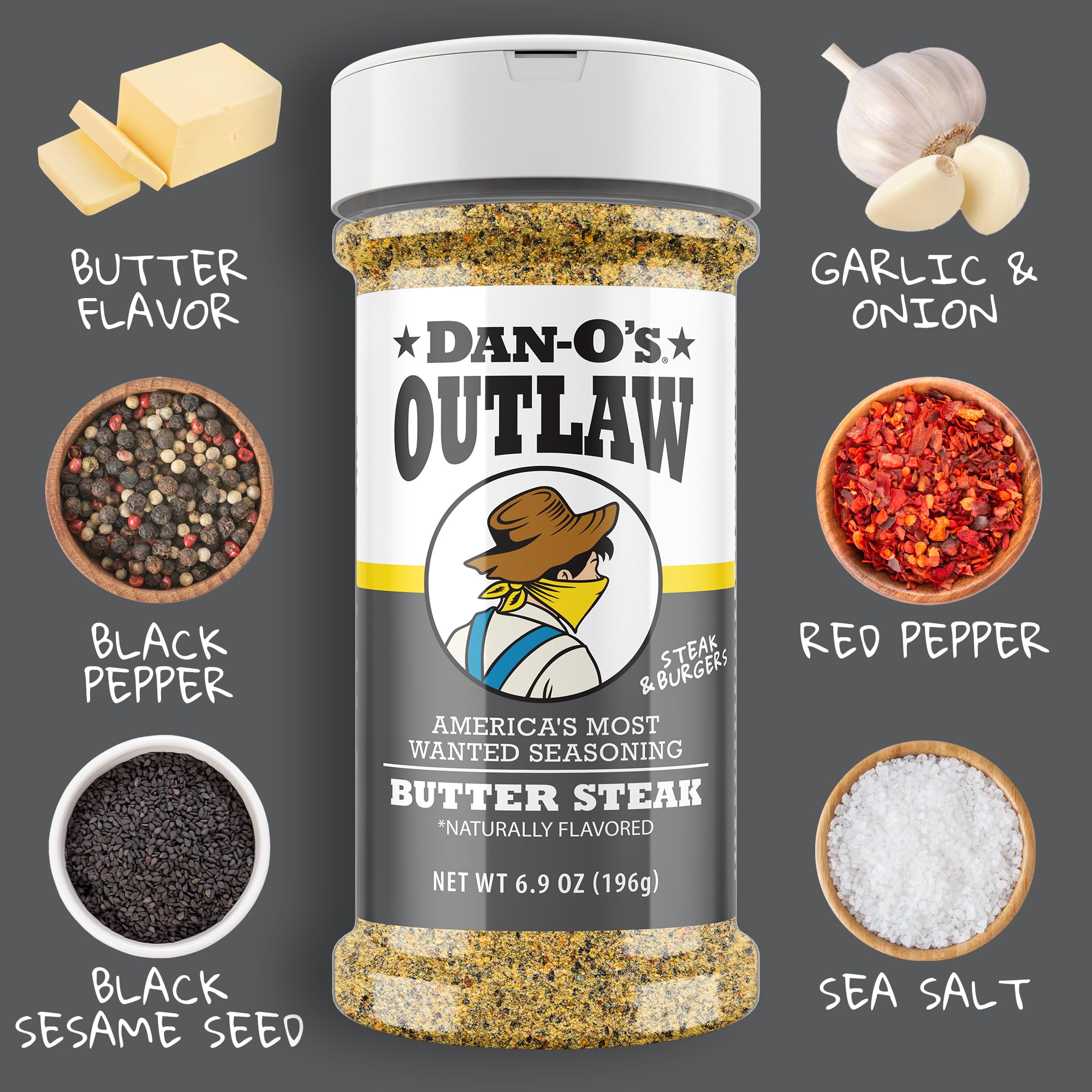 Dan-O’s Outlaw Butter Steak Seasoning - 6.9 oz - Buttery Steak & All Purpose Seasoning for Beef, Chicken & Veggies - Sugar Free, Zero Calorie, Dry Rub