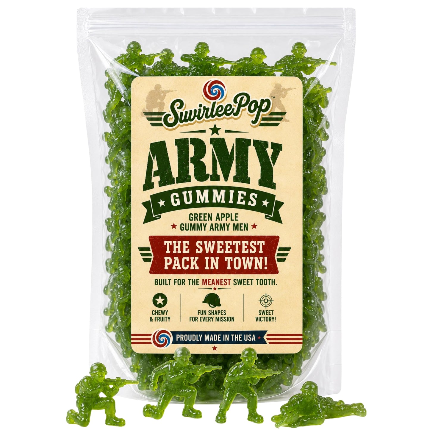 Swirlee™ Army Guys Gummies - Green Apple Gummy Army Men Candy - 12 oz Novelty Military Shaped Gummies for Parties, Candy Buffets, Gifts & Care