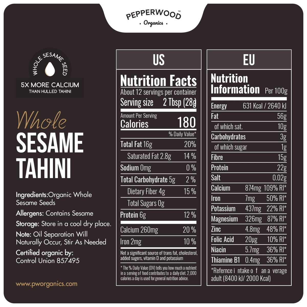 Organic Whole Sesame Tahini Paste - Unhulled & Stone-Ground - Silky Smooth Texture in Hummus, Dips, Dressings - Unsalted, Nut-Free, Kosher, Paleo
