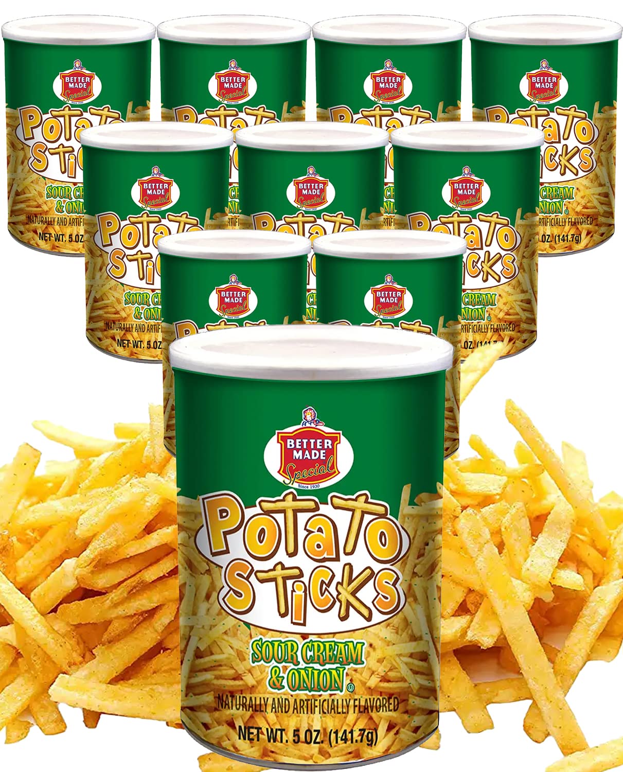 Better Made Potato Sticks 5oz Canister- (Sour Cream & Onion, 12 Can Tray) - Shoestring Potato Sticks - Gluten Free - Crunchy, Crispy Snack from Fresh