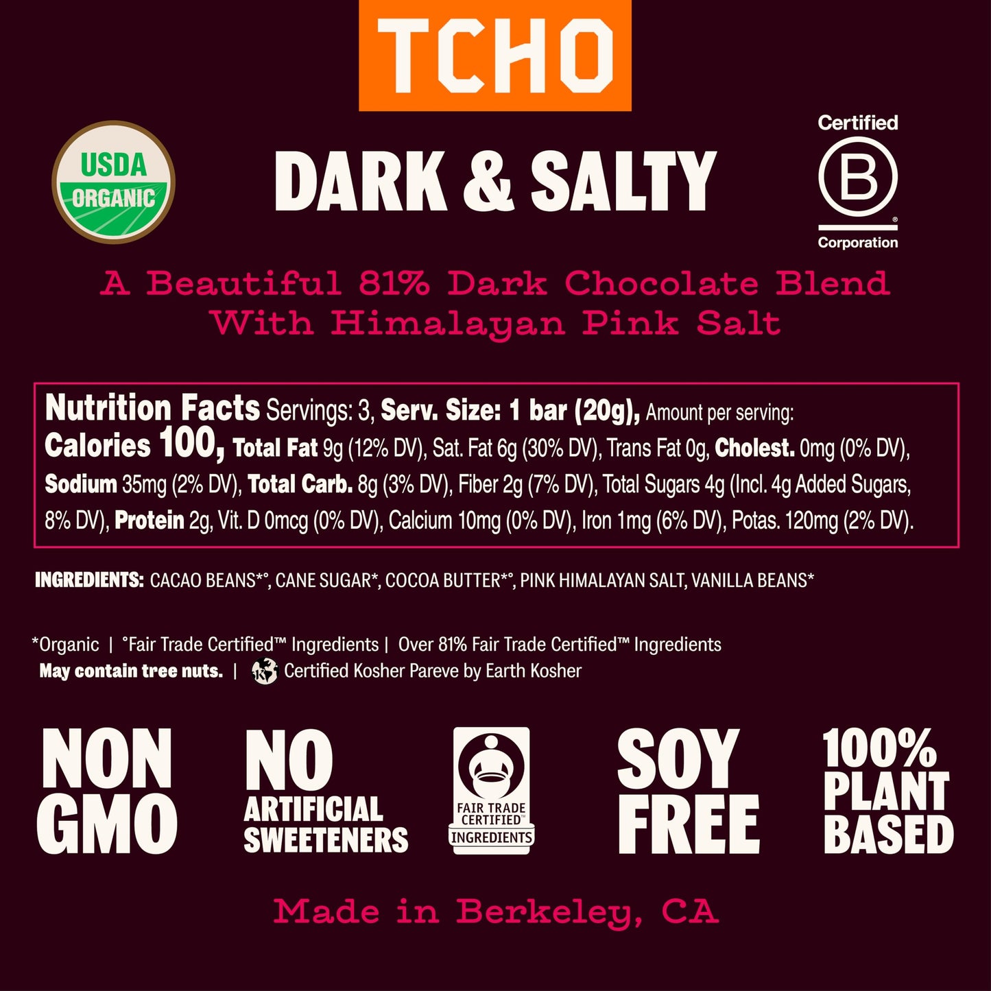 TCHO Dark & Salty 81% Dark Chocolate Bars (3 pack) |Plant Based, Organic & Fair Trade Certified Chocolate | Non GMO, Non-Dairy, Vegan, Soy Free (2.1oz