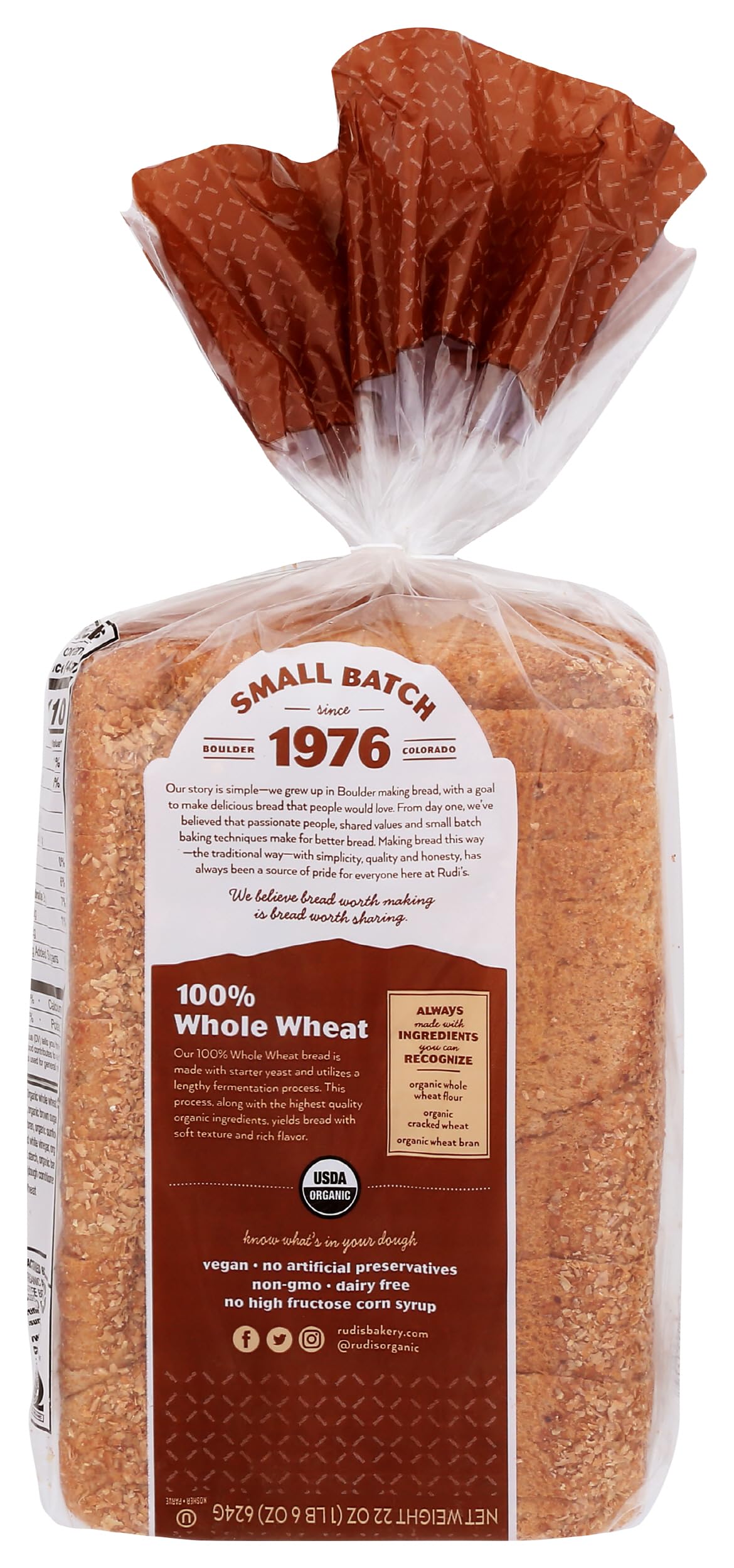 Rudis Bakery Organic 100% Whole Wheat Sliced Bread, 22 OZ