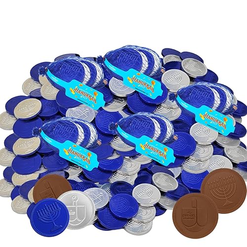 The Dreidel Company 12-Pack Blue & Silver Hanukkah Mesh Bags Milk Chocolate Coins, Hanukkah Design Gelt, Non GMO, Kosher Certified OU-D