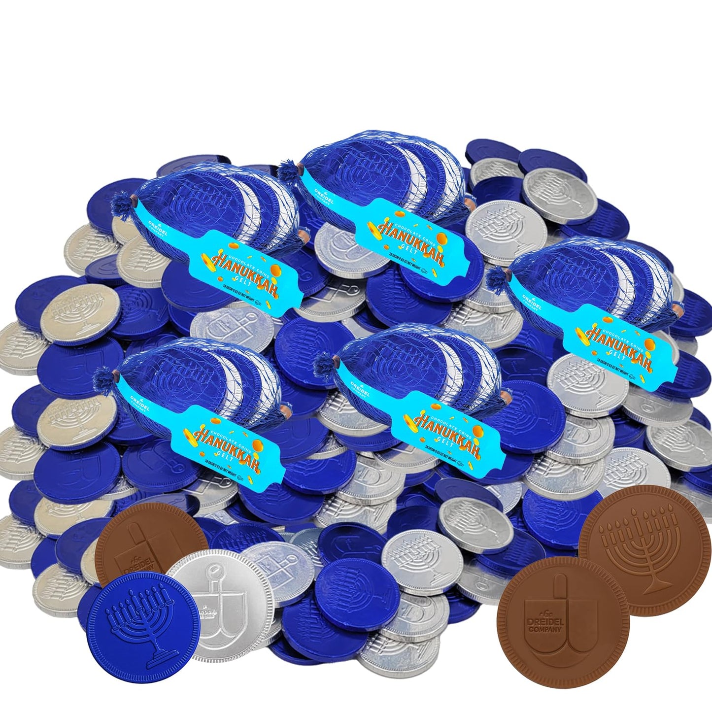 The Dreidel Company 12-Pack Blue & Silver Hanukkah Mesh Bags Milk Chocolate Coins, Hanukkah Design Gelt, Non GMO, Kosher Certified OU-D