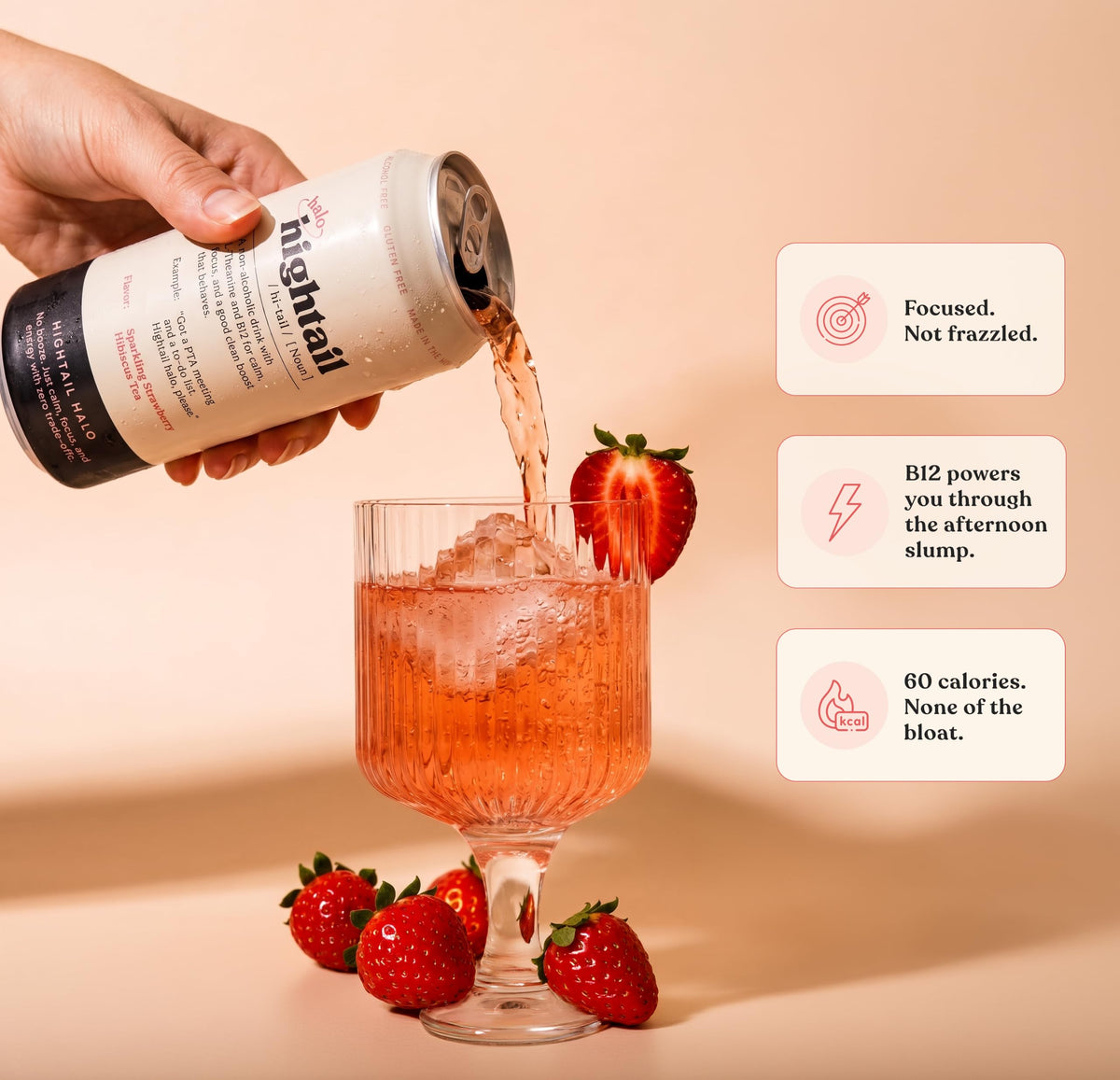 Hightail Halo Strawberry Hibiscus Sparkling Tea, L-Theanine + B12, 4 Pack