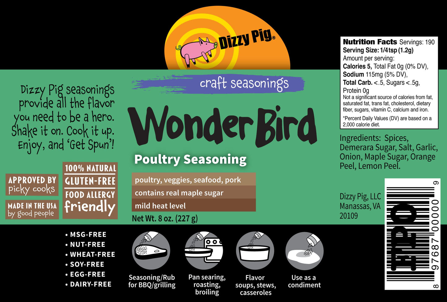 Dizzy Pig Wonder Bird Poultry Seasoning Rub (8oz Shaker) - Seasons 30+lbs of Food - Hand Made in the USA - MSG Free, Gluten Free