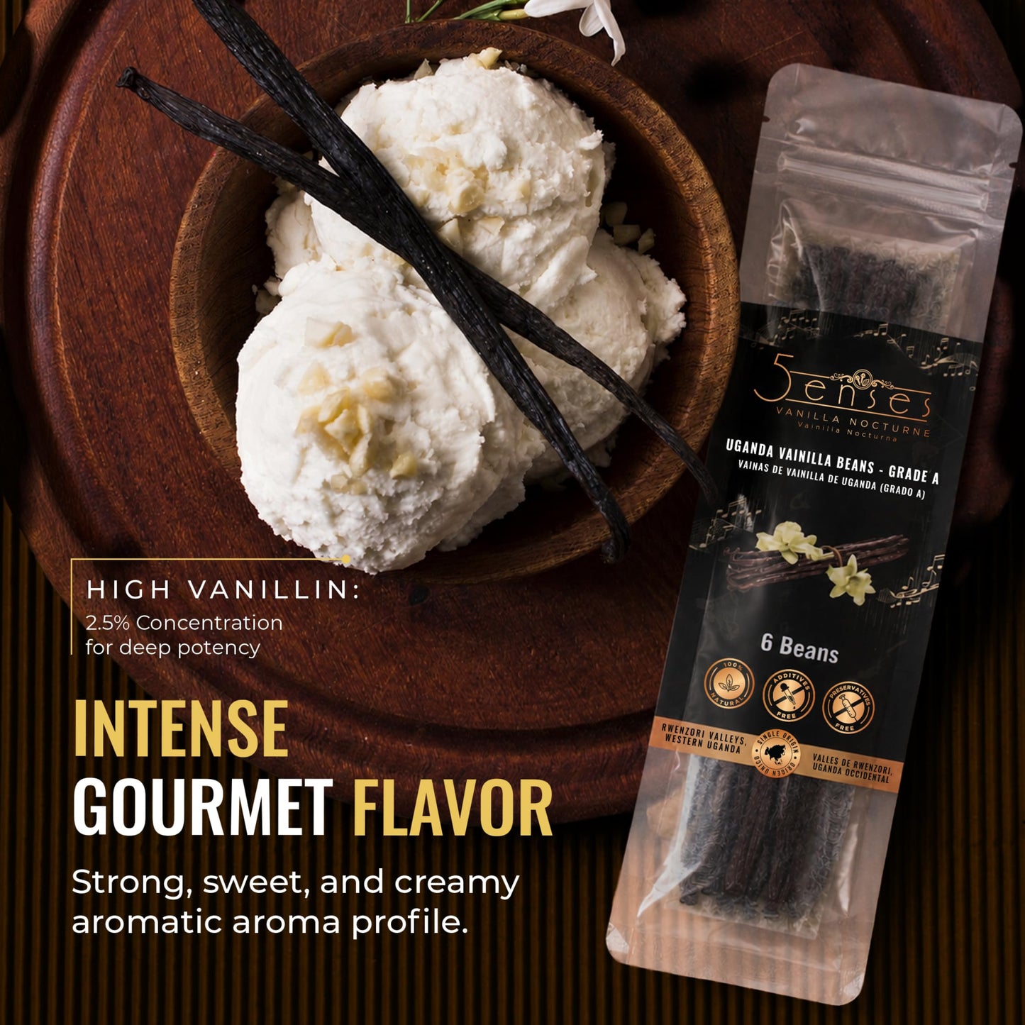 5Senses Uganda Vanilla Beans | Grade A Gourmet Whole Pods | Single Origin (Rwenzori Valleys) | High Vanillin (~2.5%) & Moisture (~30%) | 17-19cm Long