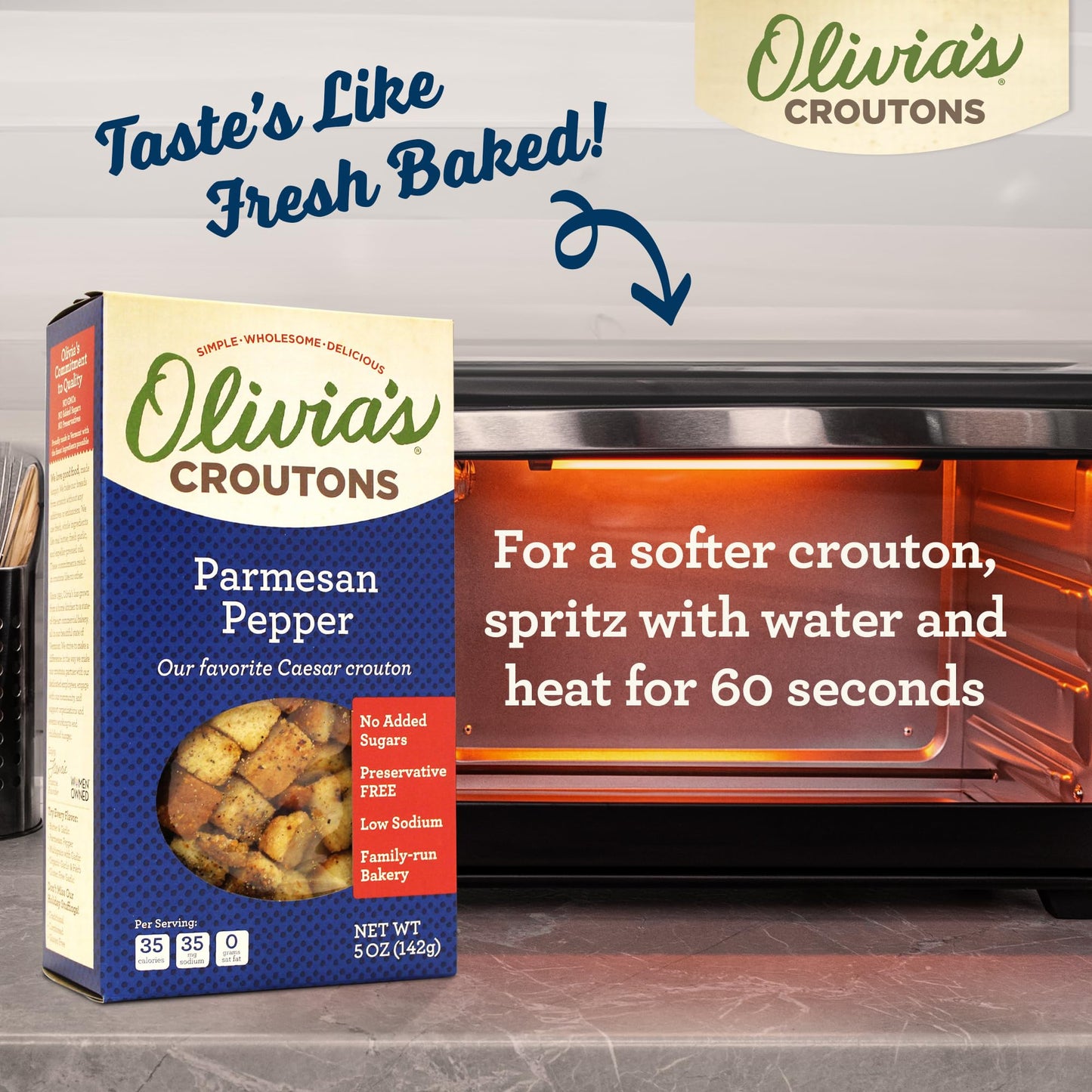 Olivia's Croutons Parmesan Pepper Croutons for Caesar Salad & Soup Topping - Real Parmesan Cheese, Garlic & Virgin Olive Oil - 5 Ounce (Pack of 2)