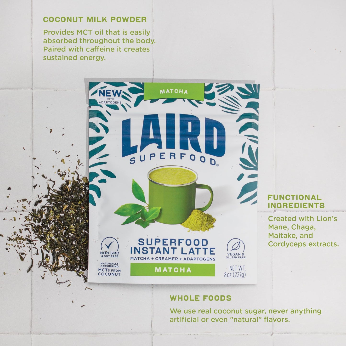 Laird Superfood Matcha Instant Latte with Adaptogens - Matcha Latte Green Tea Powder Packed with Antioxidants and Superfood Coconut Creamer - Gluten