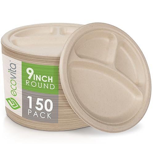Ecovita 100% Compostable Paper Plates [9 in.] COMPARTMENTS - 150 Disposable Plates Eco Friendly Sturdy Tree Free Liquid and Heat Resistant Alternative