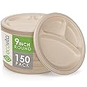Ecovita 100% Compostable Paper Plates [9 in.] COMPARTMENTS - 150 Disposable Plates Eco Friendly Sturdy Tree Free Liquid and Heat Resistant Alternative