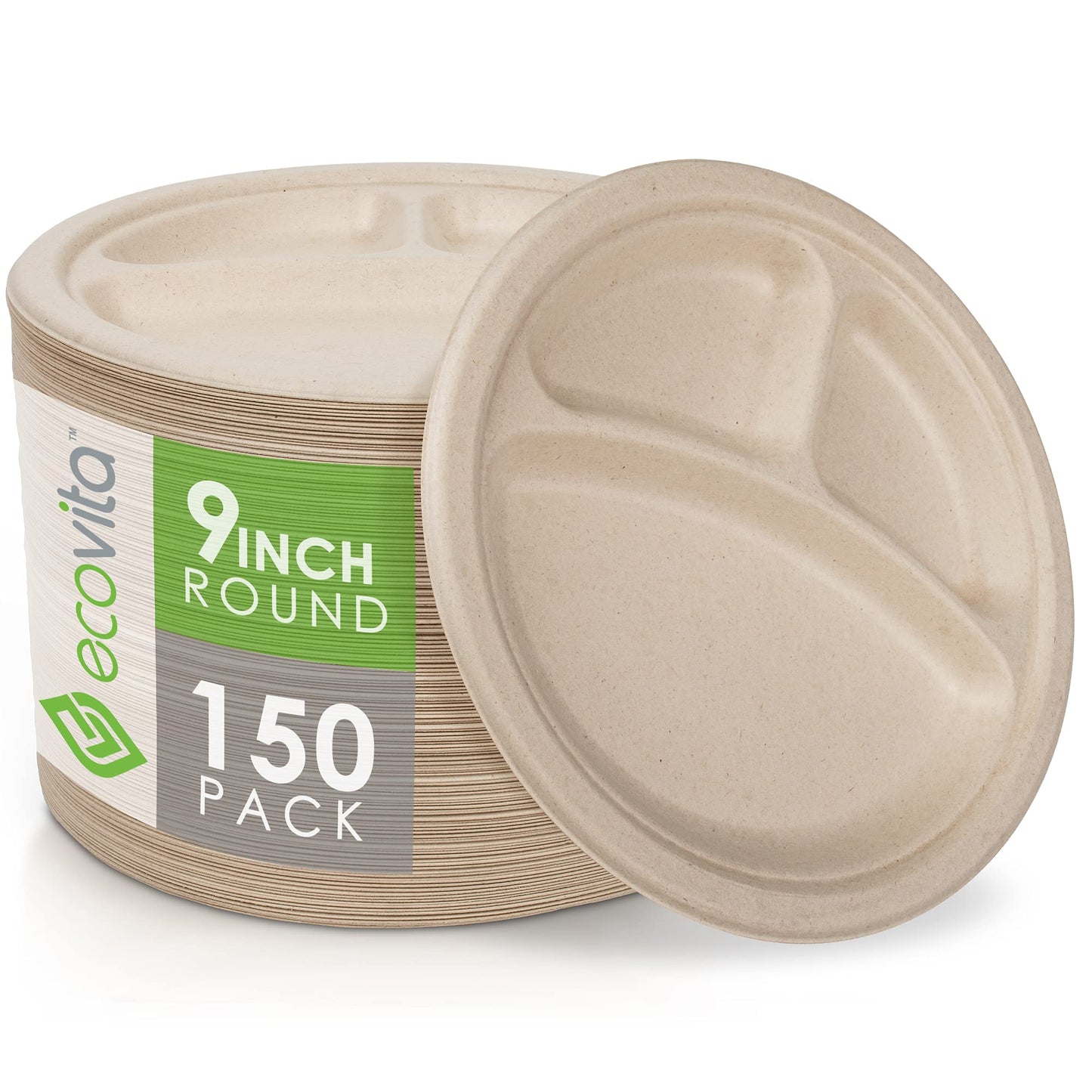 Ecovita 100% Compostable Paper Plates [9 in.] COMPARTMENTS - 150 Disposable Plates Eco Friendly Sturdy Tree Free Liquid and Heat Resistant Alternative
