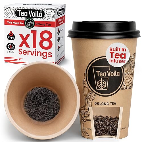 TeaVoila Instant Brew Tea in A Cup - Organic Loose Leaf Oolong Tea - Tea Infuser Built In Biocompostable 6 Cups, Each Refillable 3x, 18 Servings in