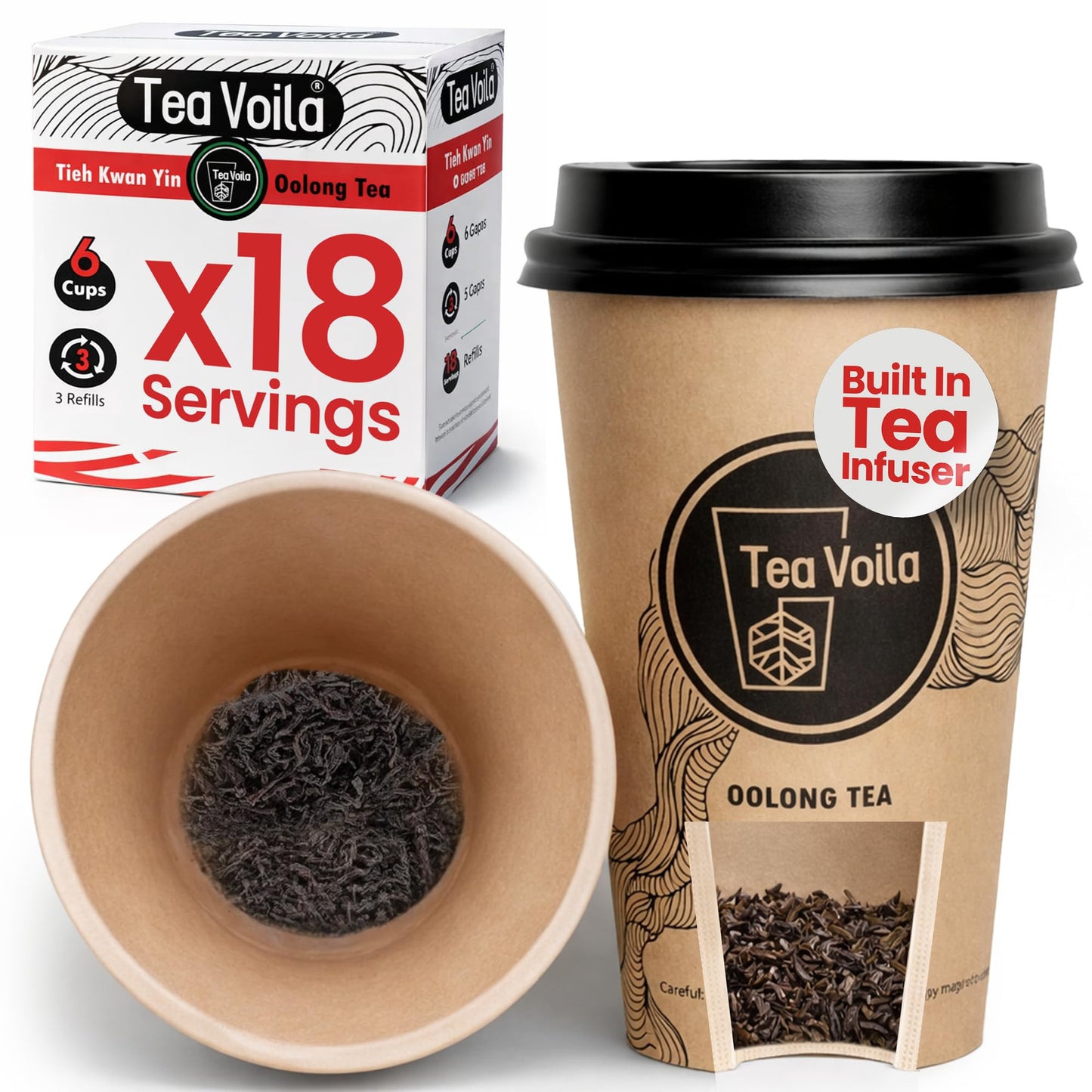 TeaVoila Instant Brew Tea in A Cup - Organic Loose Leaf Oolong Tea - Tea Infuser Built In Biocompostable 6 Cups, Each Refillable 3x, 18 Servings in