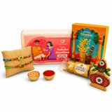 LOVENSPIRE Religious Om Rakhi Hamper for Brother - Includes 2 Colorful Adjustable Bracelet Threads, Chocolate, Haldi Kumkum Holder, Thandai, Roli
