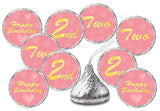 2nd Birthday Kisses Stickers, Two Pink Kiss Labels for Girl Happy Birthday Party, Chocolate Drop Tabletop Decorations, Candy Not Included. Made in USA