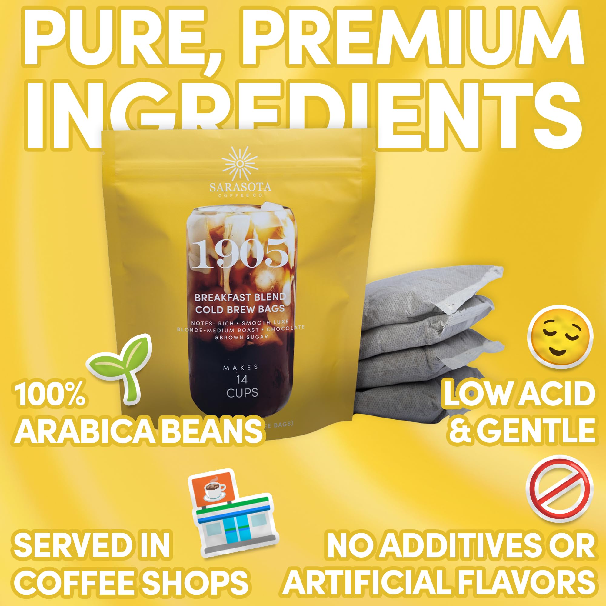 Sarasota Coffee 1905 Cold Brew Coffee Bags | Breakfast Blend Blonde-Medium Roast | 100% Arabica | Smooth & Low Acid | Ground Pouches | Cold Brew Kit