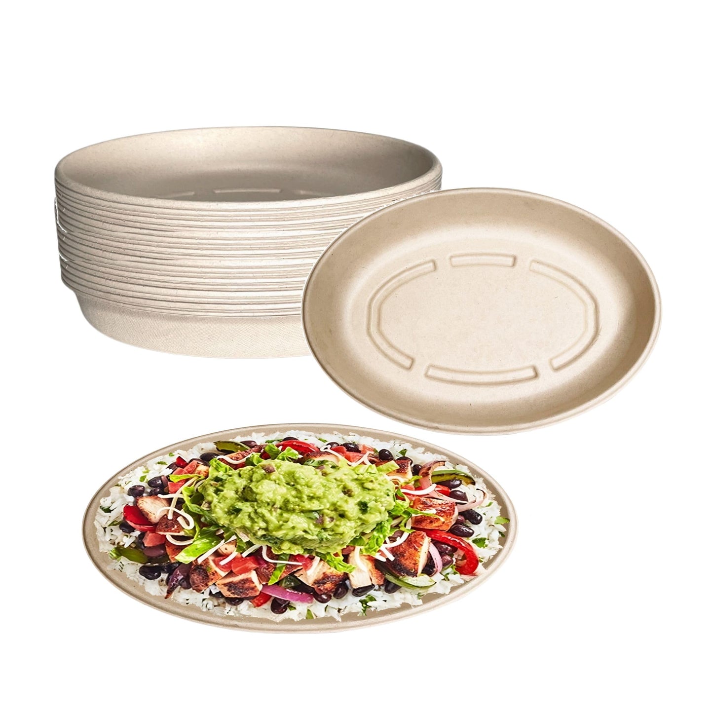 32oz Oval Disposable Compostable Paper Burrito Bowls Heavy-Duty, Eco-Friendly Oval Bowls Natural Bagasse Unbleached, Heat Resistant, 100%