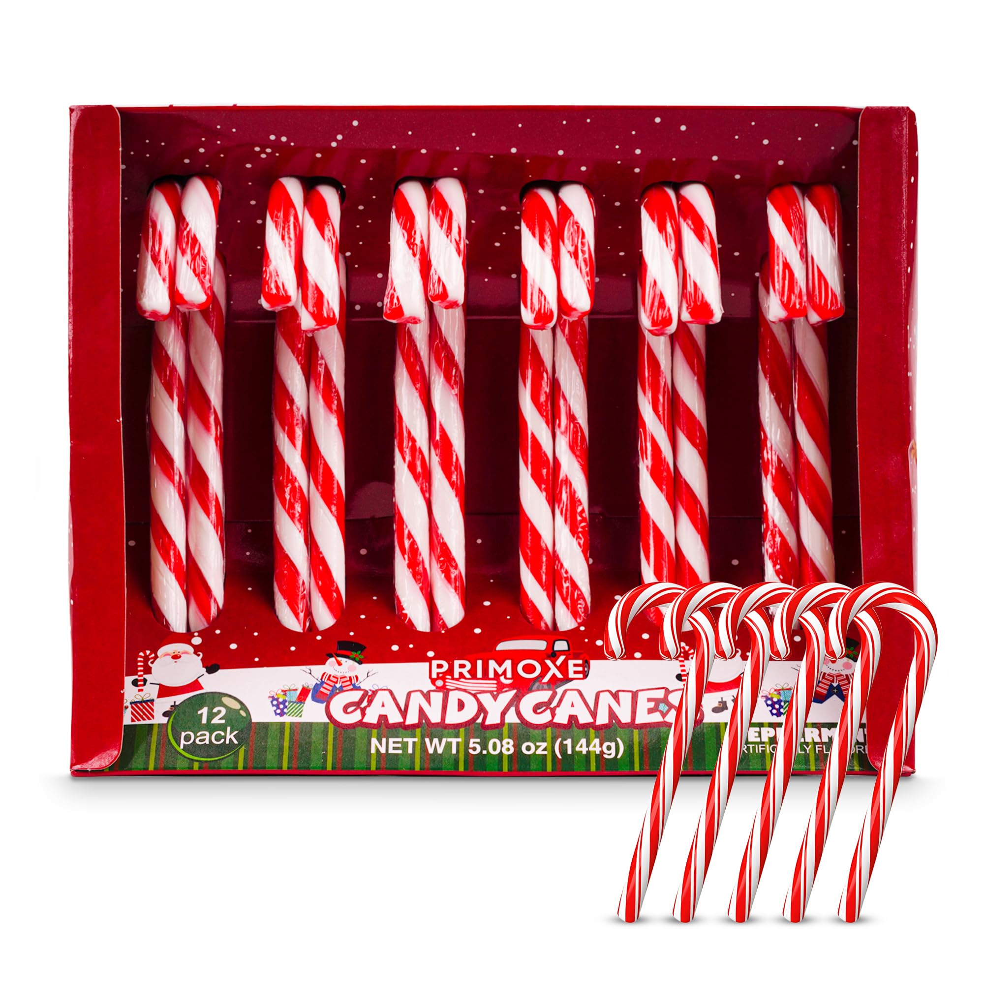 Christmas Candy Canes 12 Pack - Classic Red & White Peppermint Cane Sticks Individually Wrapped - Bulk Christmas Candy for Holiday Treats