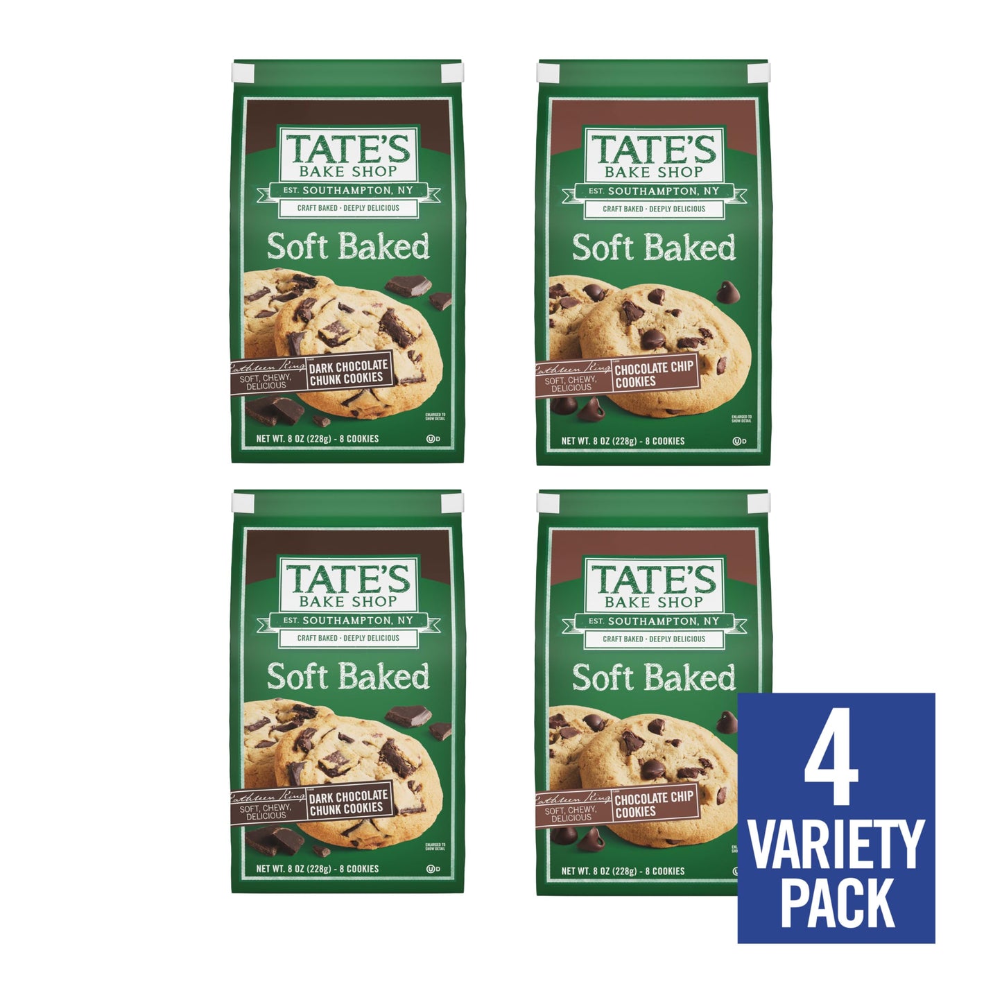 Tate's Bake Shop Soft Baked Cookies Variety Pack, Dark Chocolate Chunk and Chocolate Chip, 4-8 oz Bags