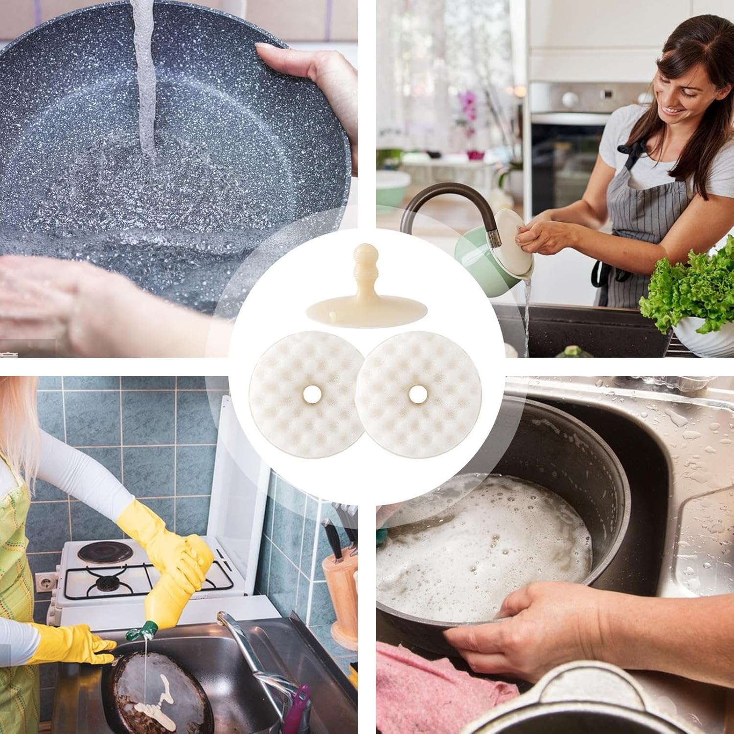 4Pcs Dual-Sided Kitchen Sponges with 2 Suction Cups - Honeycomb Shape, Non-Scratch Natural Scrub Sponges for Dishes, Kitchen, Bathroom Cleaning