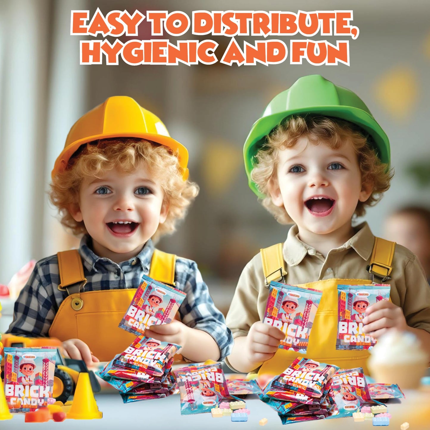 Candy Bricks, 24 Individual Party Favor Bags of Tutti Frutti Flavored Blocks for Construction Themed Fun, Brick Shaped Cake Topper and Party Candy in